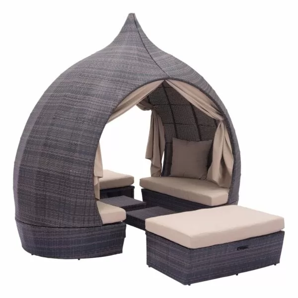 The Majorca Outdoor Daybed by ZUO features a comfort canopy with curtains for privacy, and an ottoman that slide out for ease of use