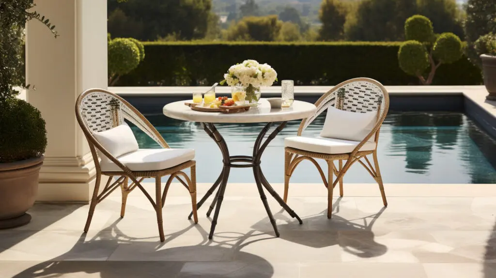 marble bistro table with two woven chairs on a tile patio next to an outdoor pool