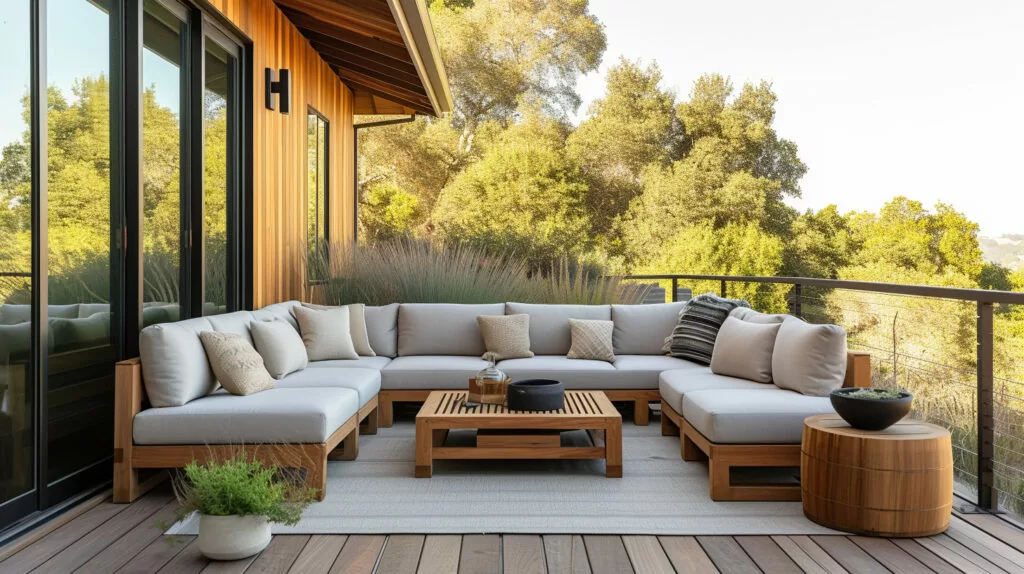 teak sofa on a deck in a backyard