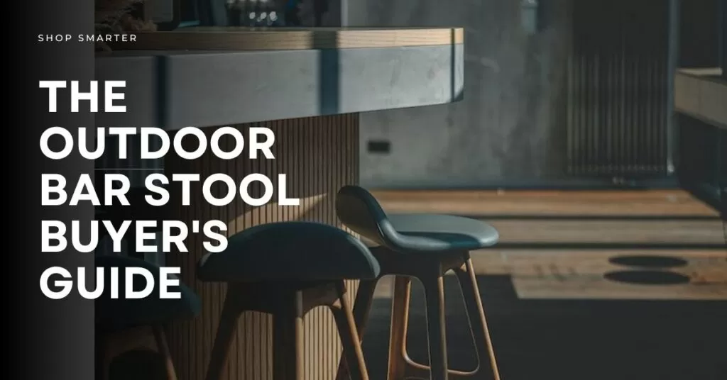 The outdoor bar stool buyer guide - splash image features wooden-leg saddle-style patio bar stools at a concrete patio counter.