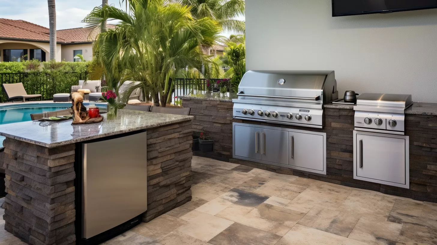 outdoor kitchen made from stone with stainless steel appliances and wood accents