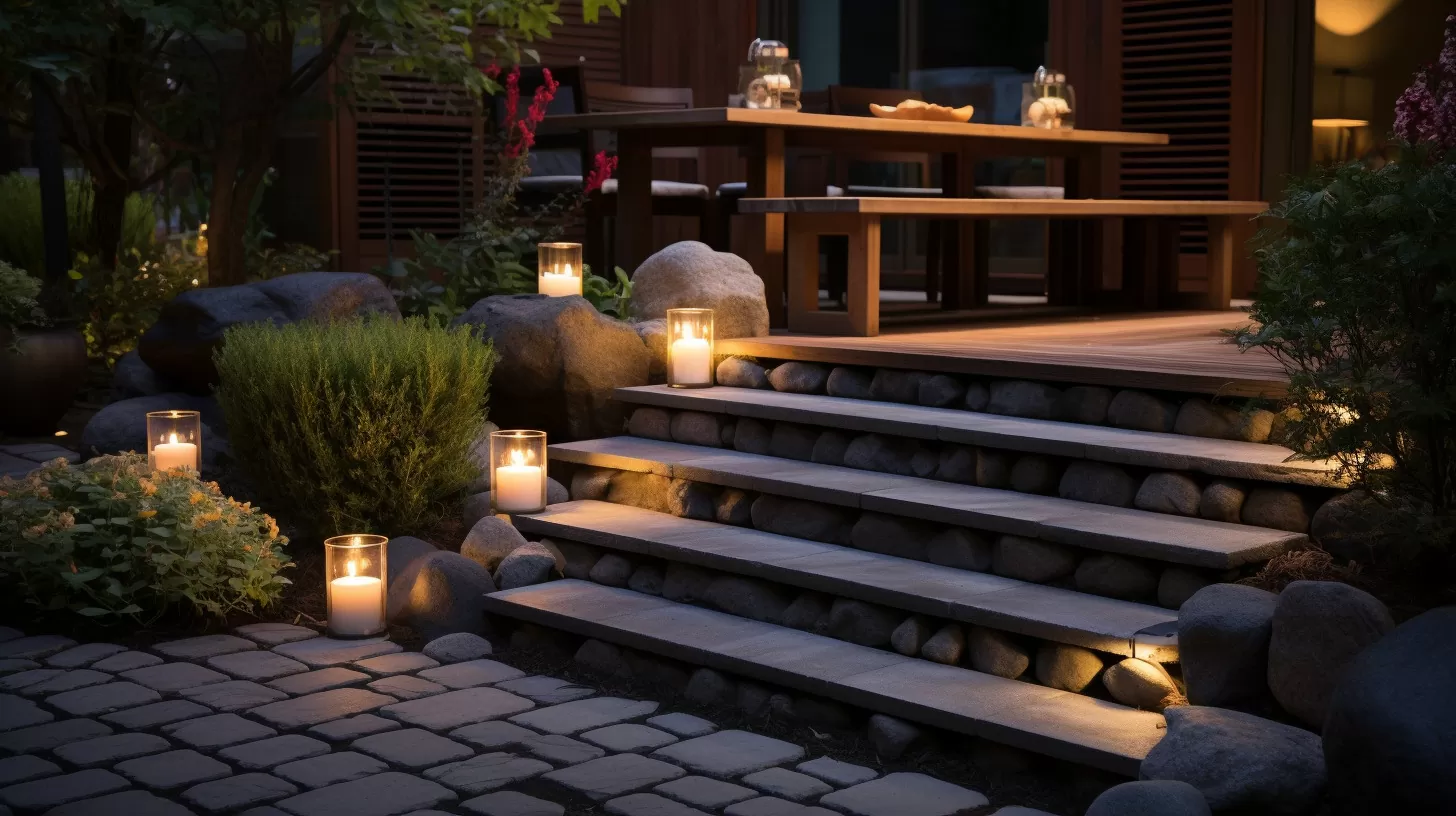 outdoor candles goin gup steps to dinging table