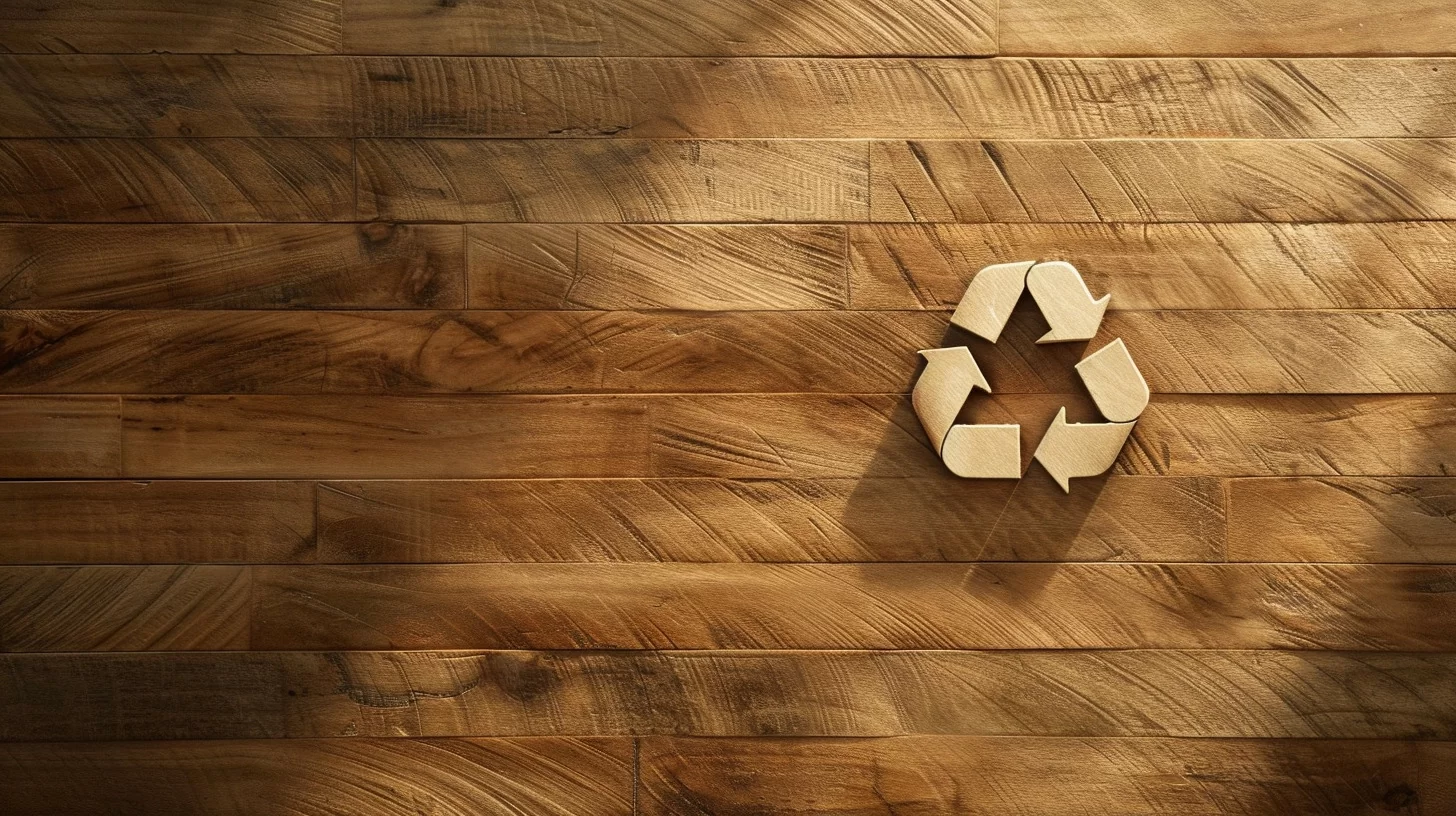 overhead image of a clean, minimal recycling symbol resting on top of warm, natural teak tabletop