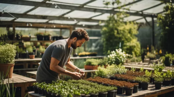 man picking out plants at a green house