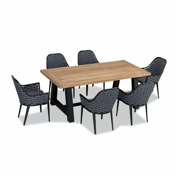 The Parlor 6 seat dining set - outdoor patio furniture with nylon weave and teak table, modern design for restaurants
