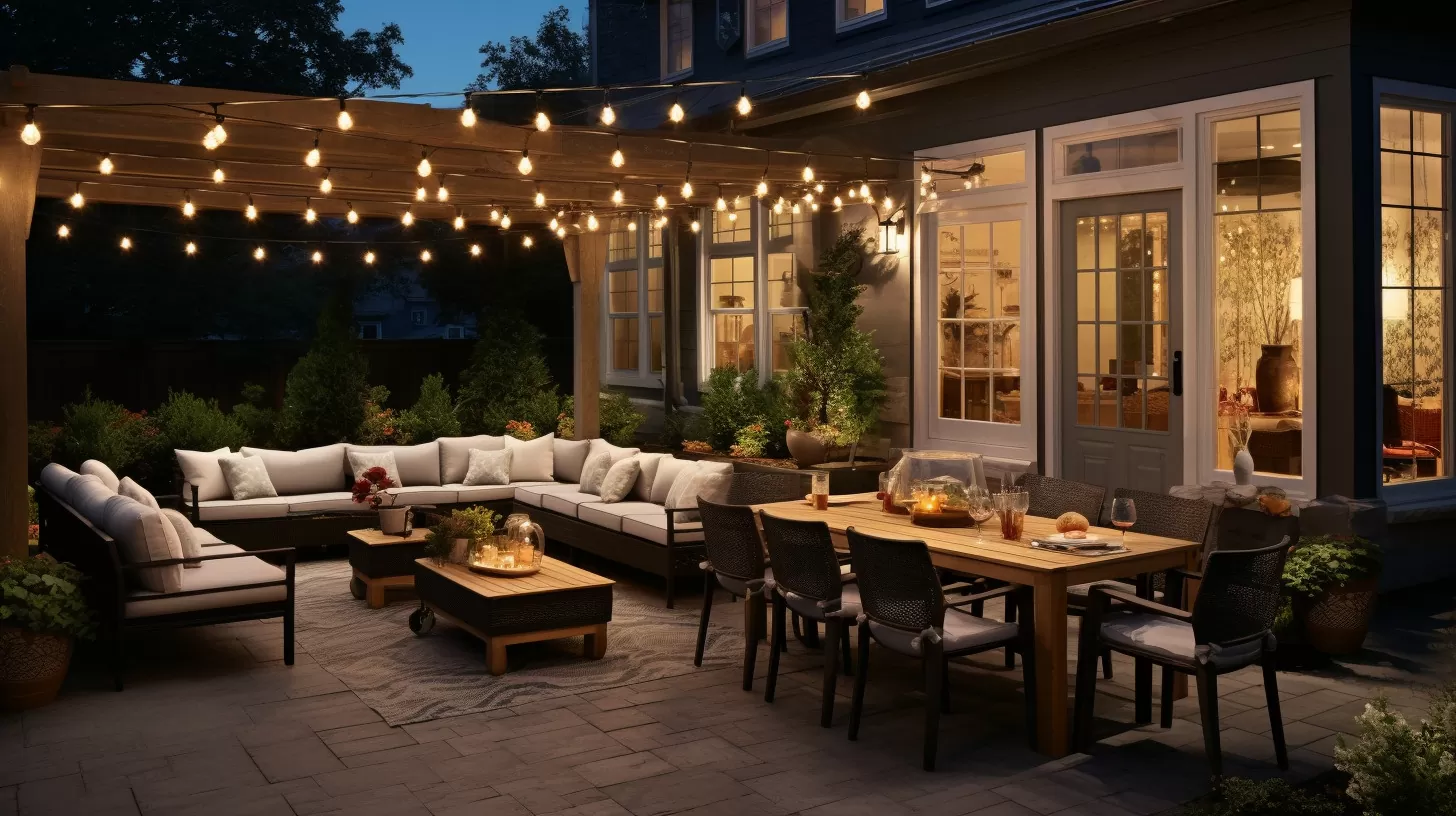 outdoor string light define spaces over a sofa and dining table
