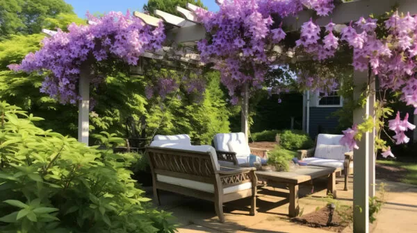pergola with clematis growing up it