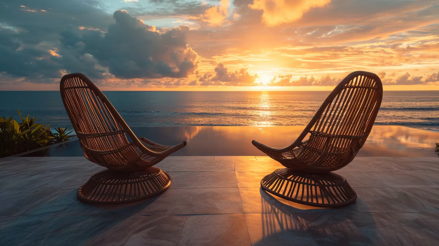 sunset with a pair of outdoor swivel chairs
