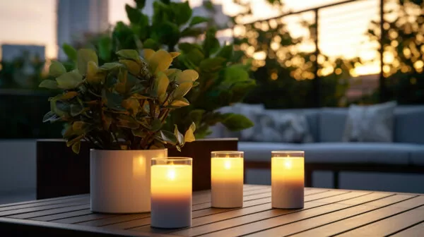 photo of a patio table with citronella candles on it