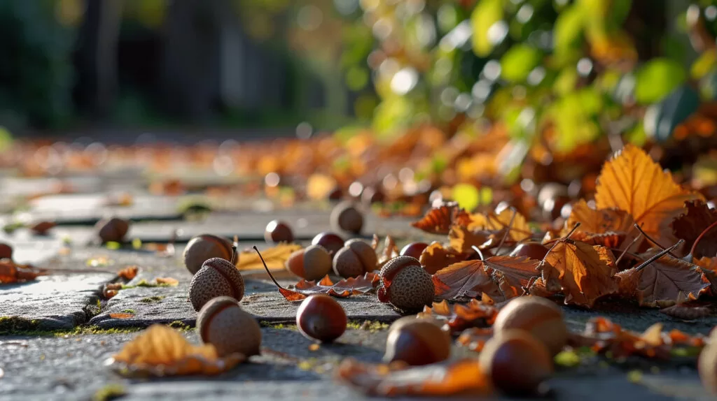 photo of fallen acorns around a patio