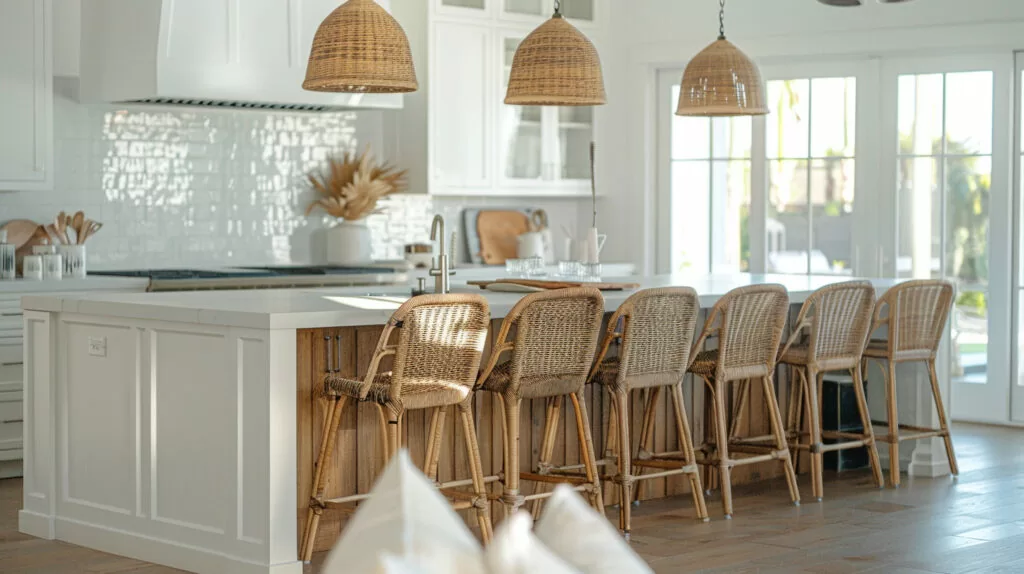 photo of modern wicker bar stools around a kitchen