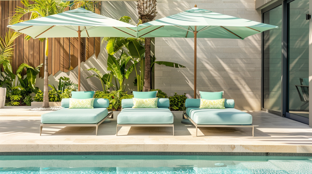tile flooring with 3 chaise patio lounge chairs in a teal blue