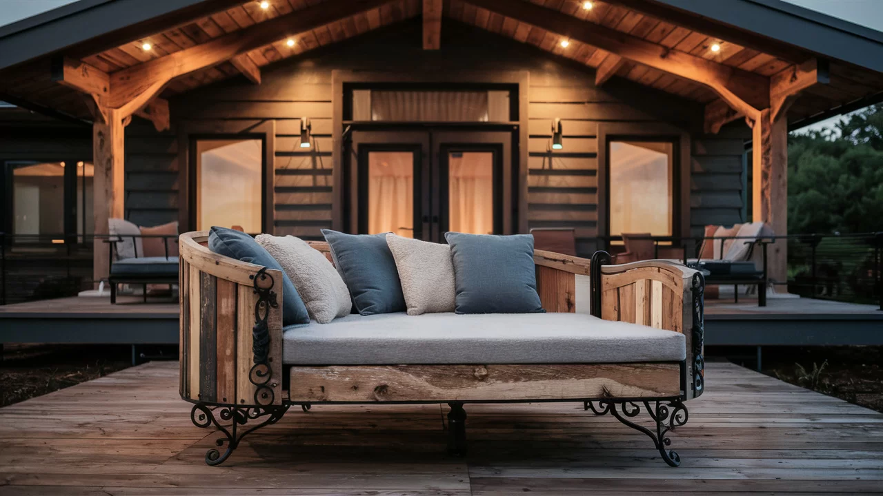 a photo of a reclaimed wood outdoor daybed with wrought iron joints with blue and white cushions on an modern luxury cabin front porch in the evening with warm outdoor lights overhead