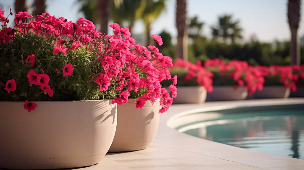 round cement planters along the edge of an outdoor pool filled with red and pink flowers