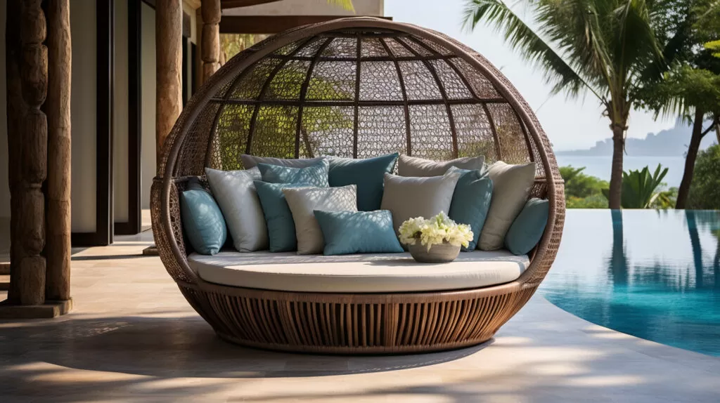 photo of a round rattan daybed with blue cushions on a stone patio next to an outdoor pool 