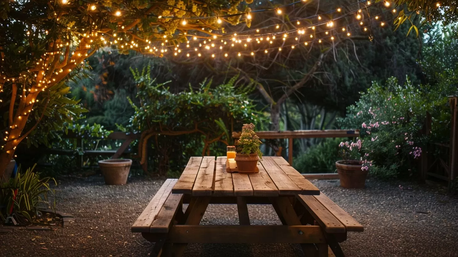 beautiful, rustic teak picnic table in a cozy garden with overhead twinkle lights