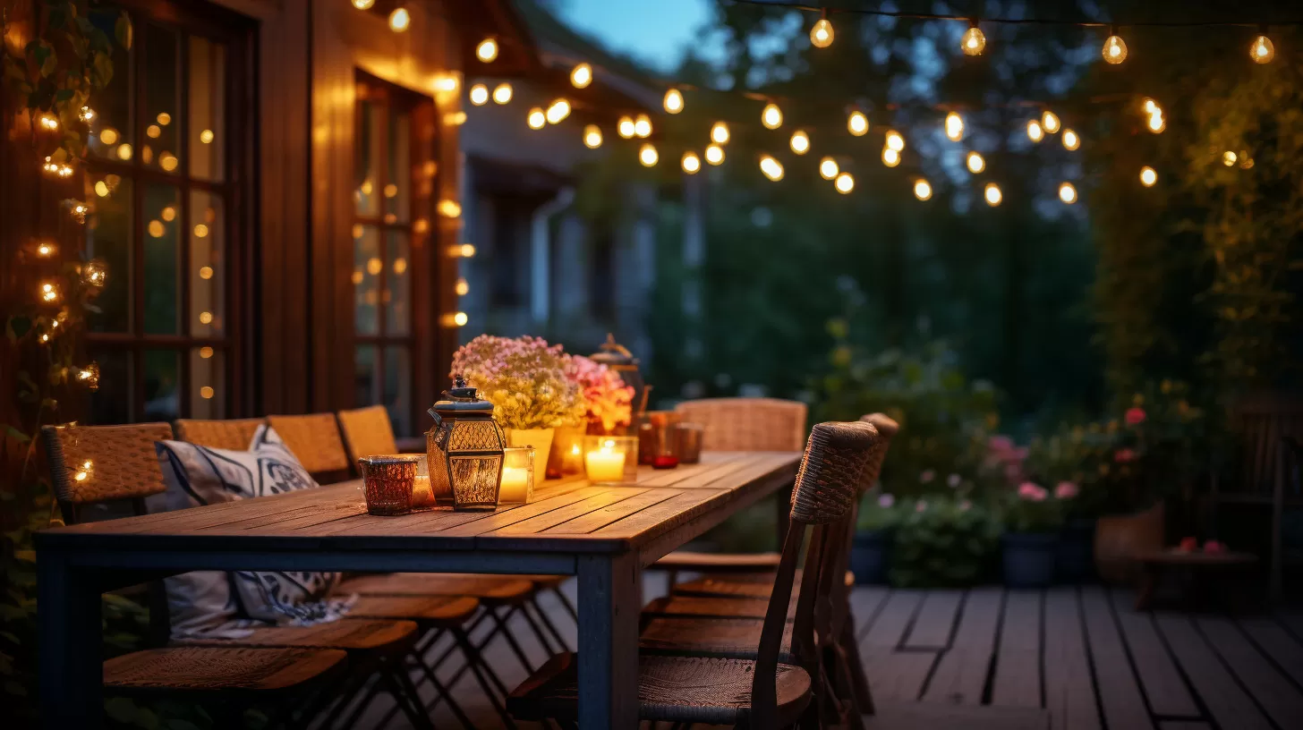 string lights and candles on a patio table