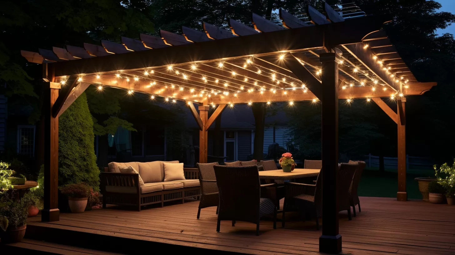 pergola with string light at night over patio furniture