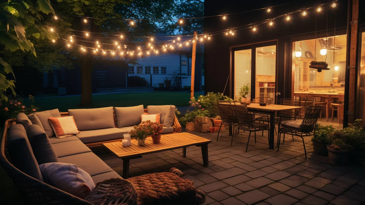 patio at night with string lights over a sofa