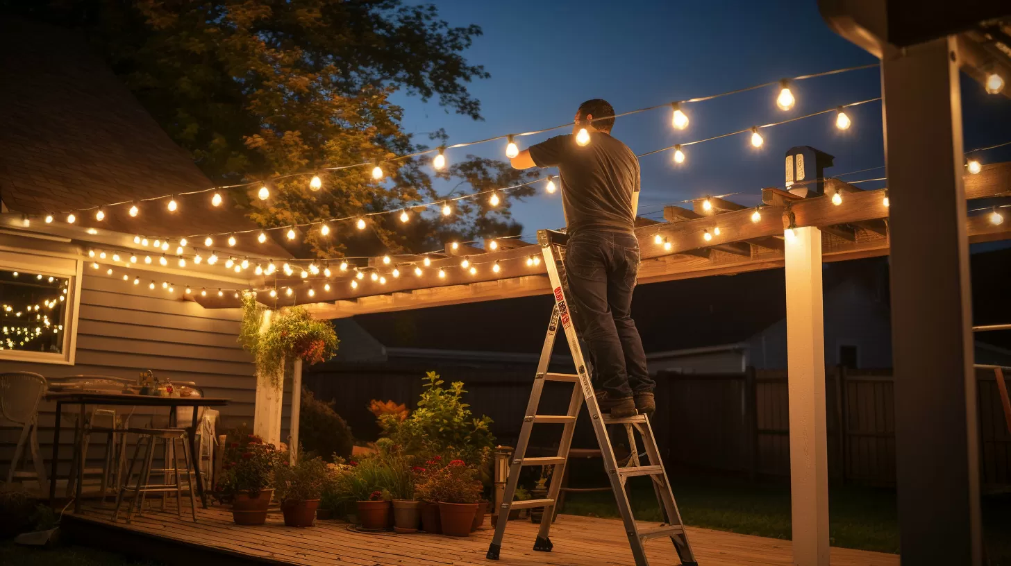 man on a ladder installing string lights over a patio