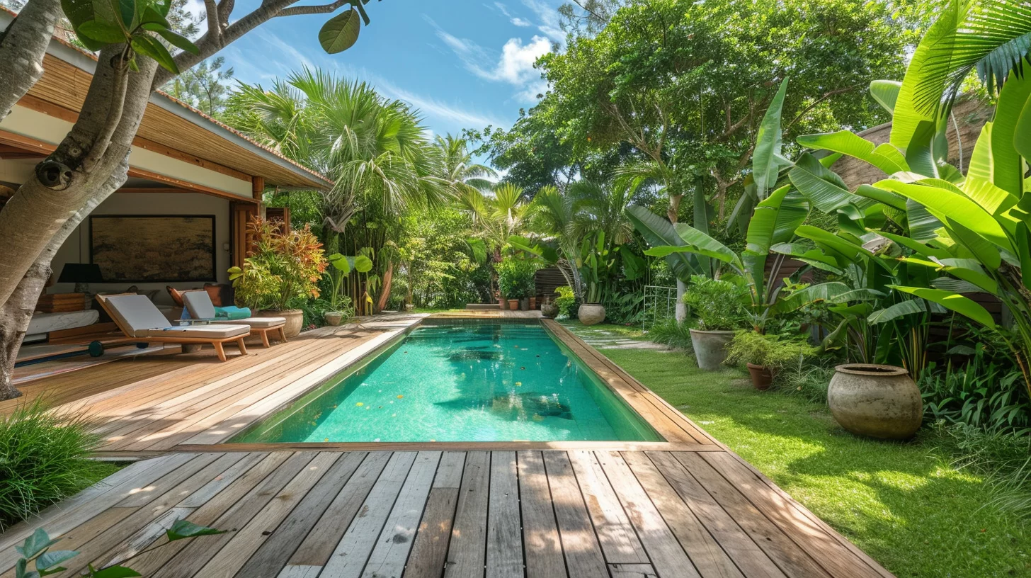 wood deck around a pool in a lush backyard