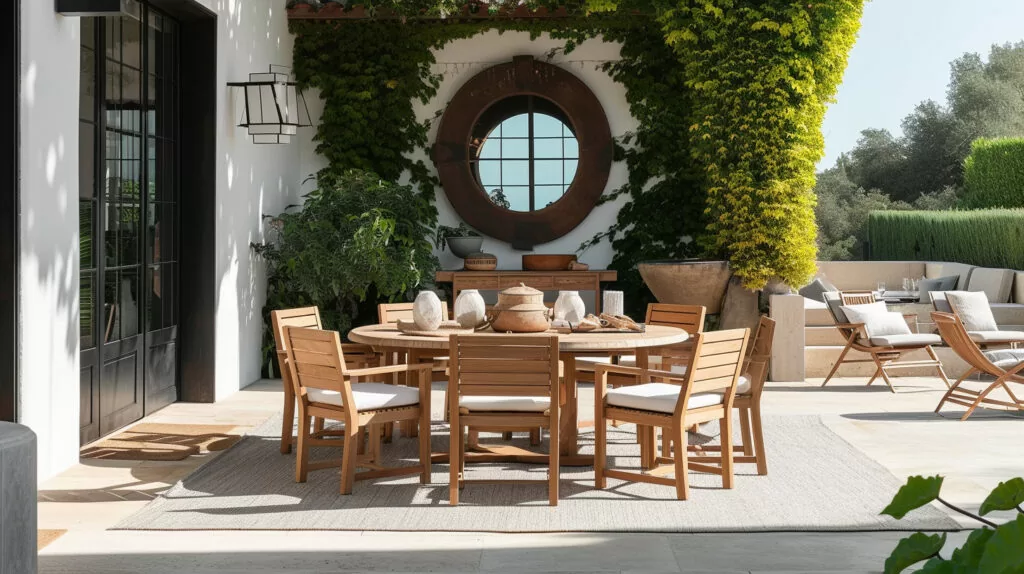 round teak dining set outside luxury home
