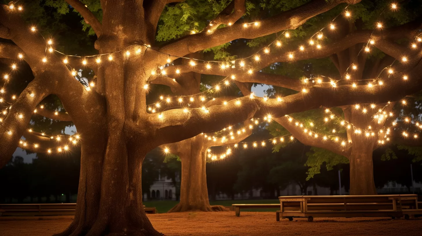 twinkling string lights wrapped in a tree
