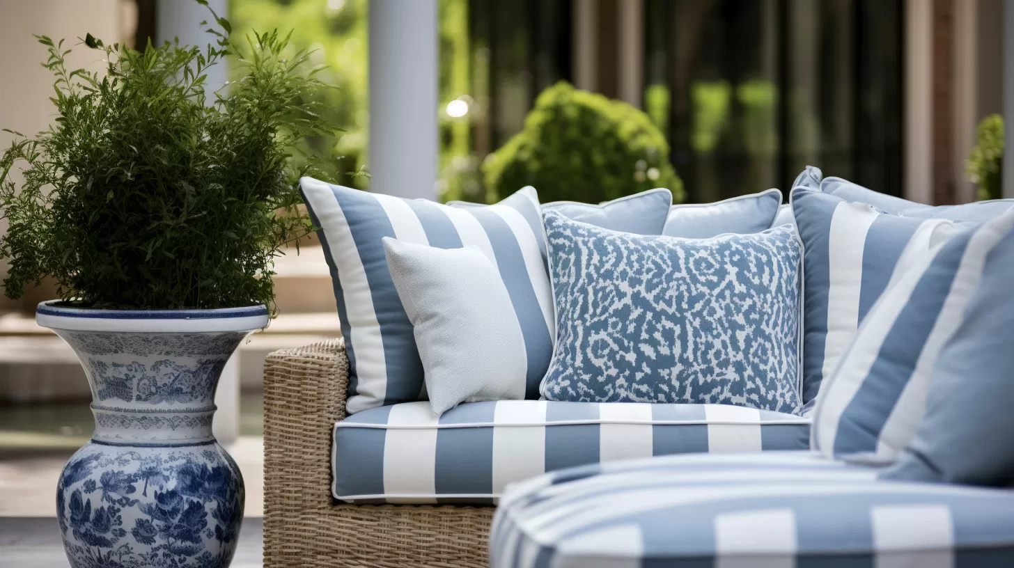 various blue and white pillows and throws arranged on gray wicker outdoor furniture