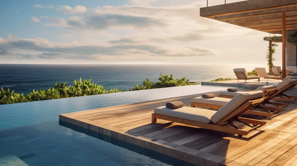 wooden outdoor lounge chairs lined up by an infinity pool overlooking the ocean