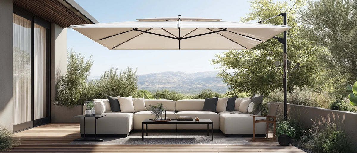 best vented patio umbrella 13ft 2 Tier Double-Sided with Base, Without Lights / Beige Weather Outdoor Living Space50 rib lights plus a center dome create warm evening ambiance. What is the Point of