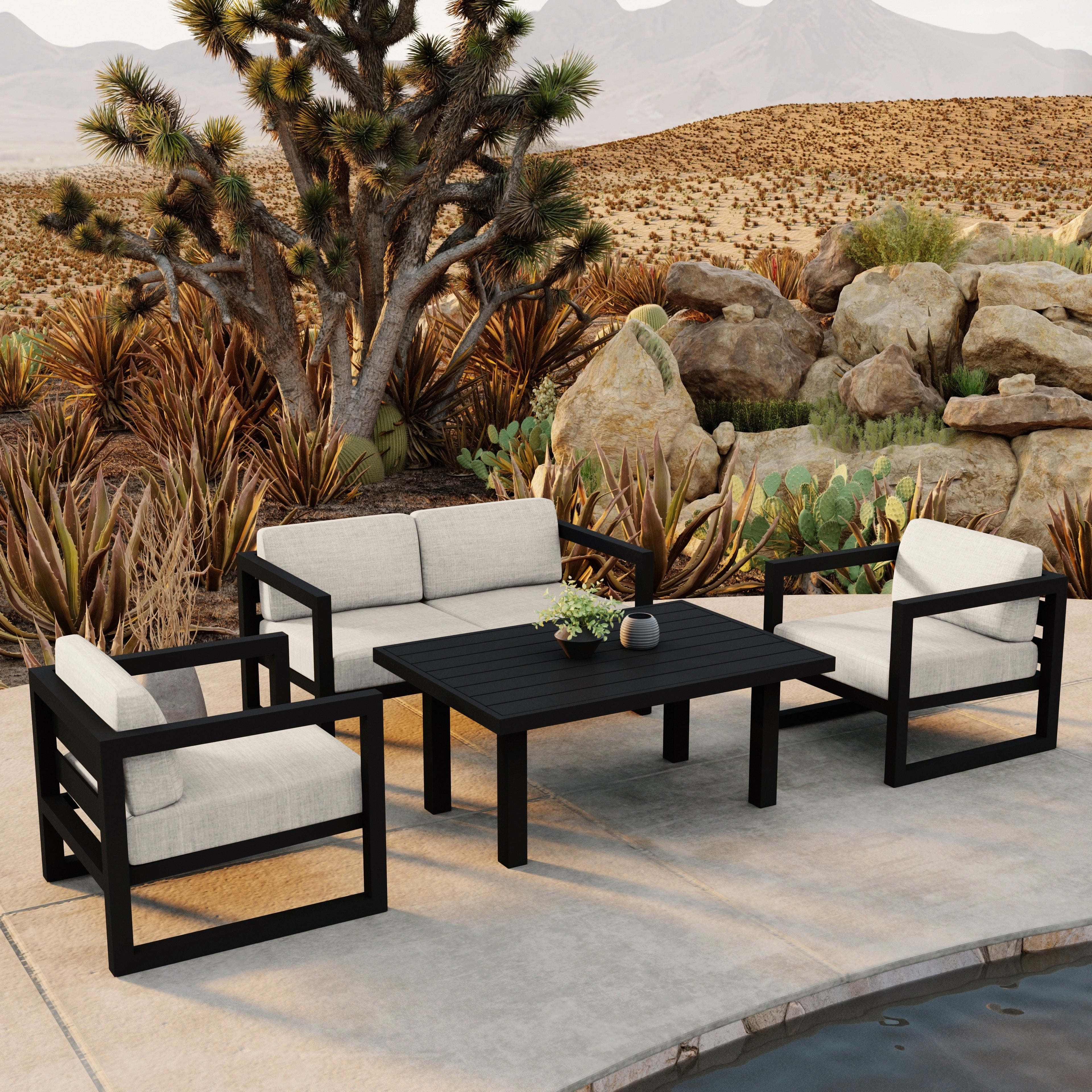 Avion Classic 4 Piece Aluminum Loveseat Set#Finish_Black#Fabric_Cast Silver