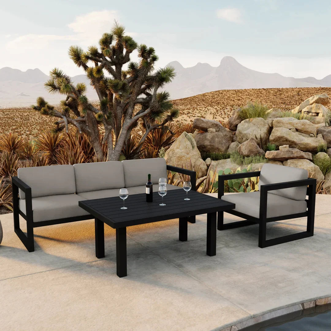Avion Classic 3 Piece Aluminum Sofa Set#Finish_Black#Fabric_Canvas Charcoal
