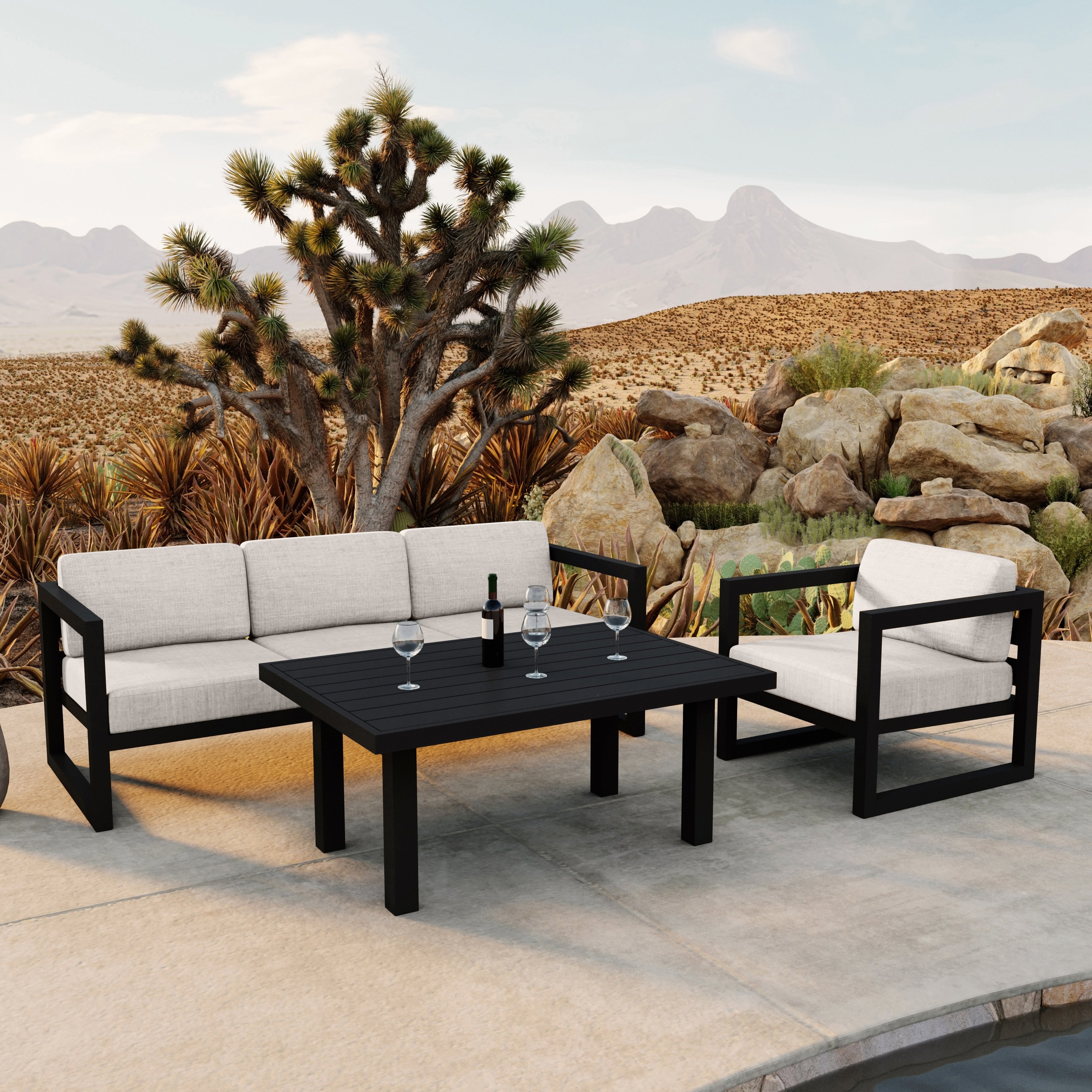 Avion Classic 3 Piece Aluminum Sofa Set#Finish_Black#Fabric_Cast Silver