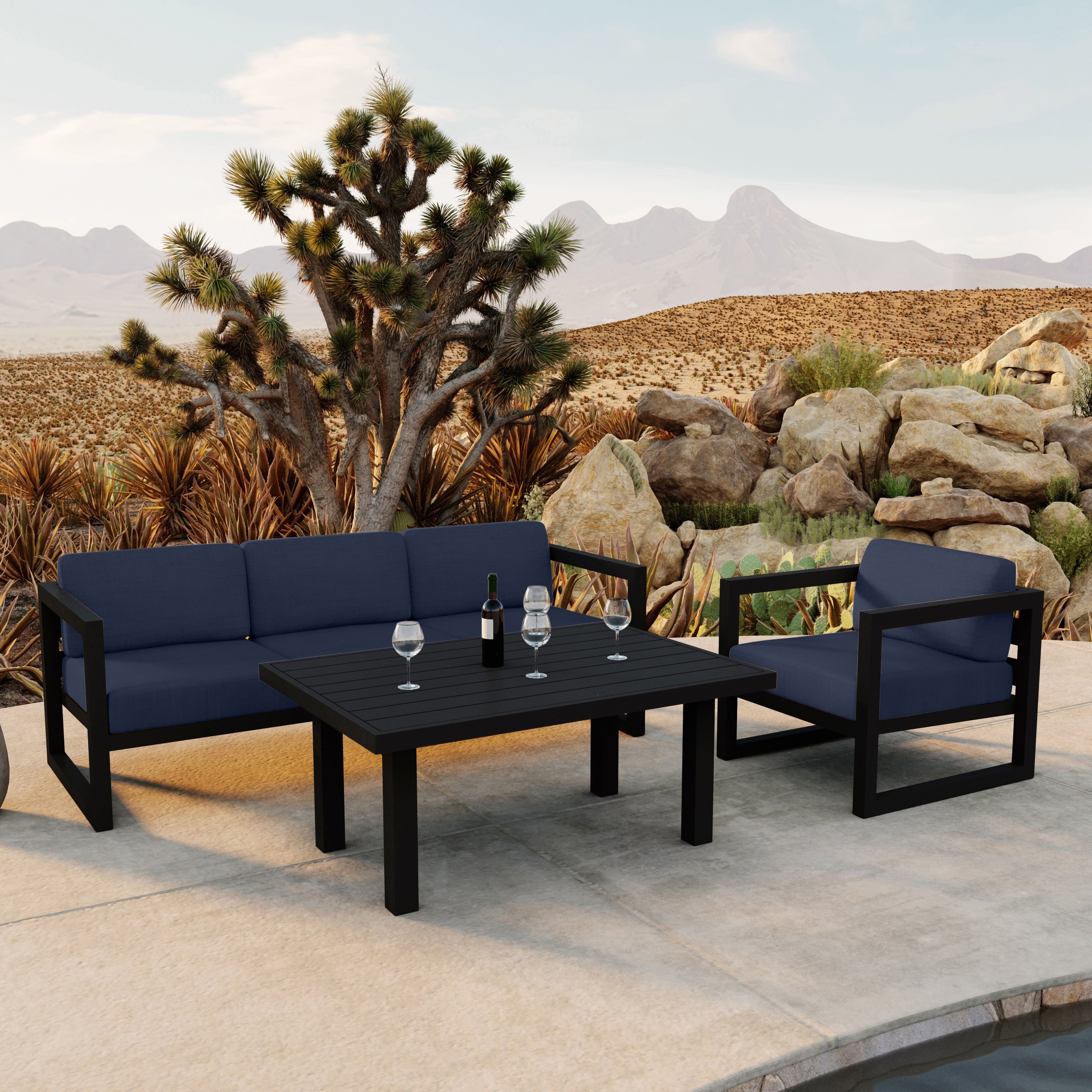 Avion Classic 3 Piece Aluminum Sofa Set#Finish_Black#Fabric_Spectrum Indigo