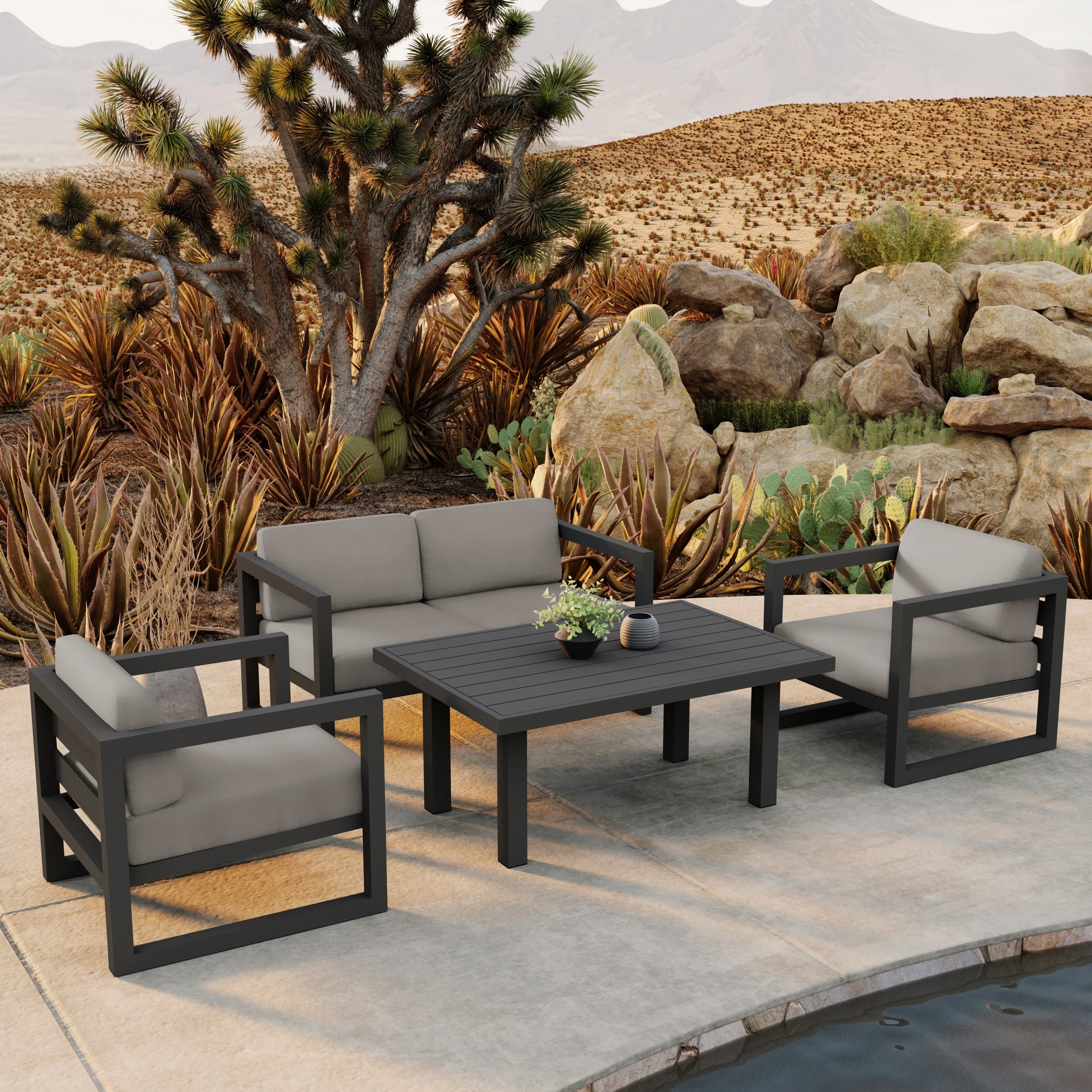 Avion Classic 4 Piece Aluminum Loveseat Set#Finish_Slate#Fabric_Canvas Charcoal