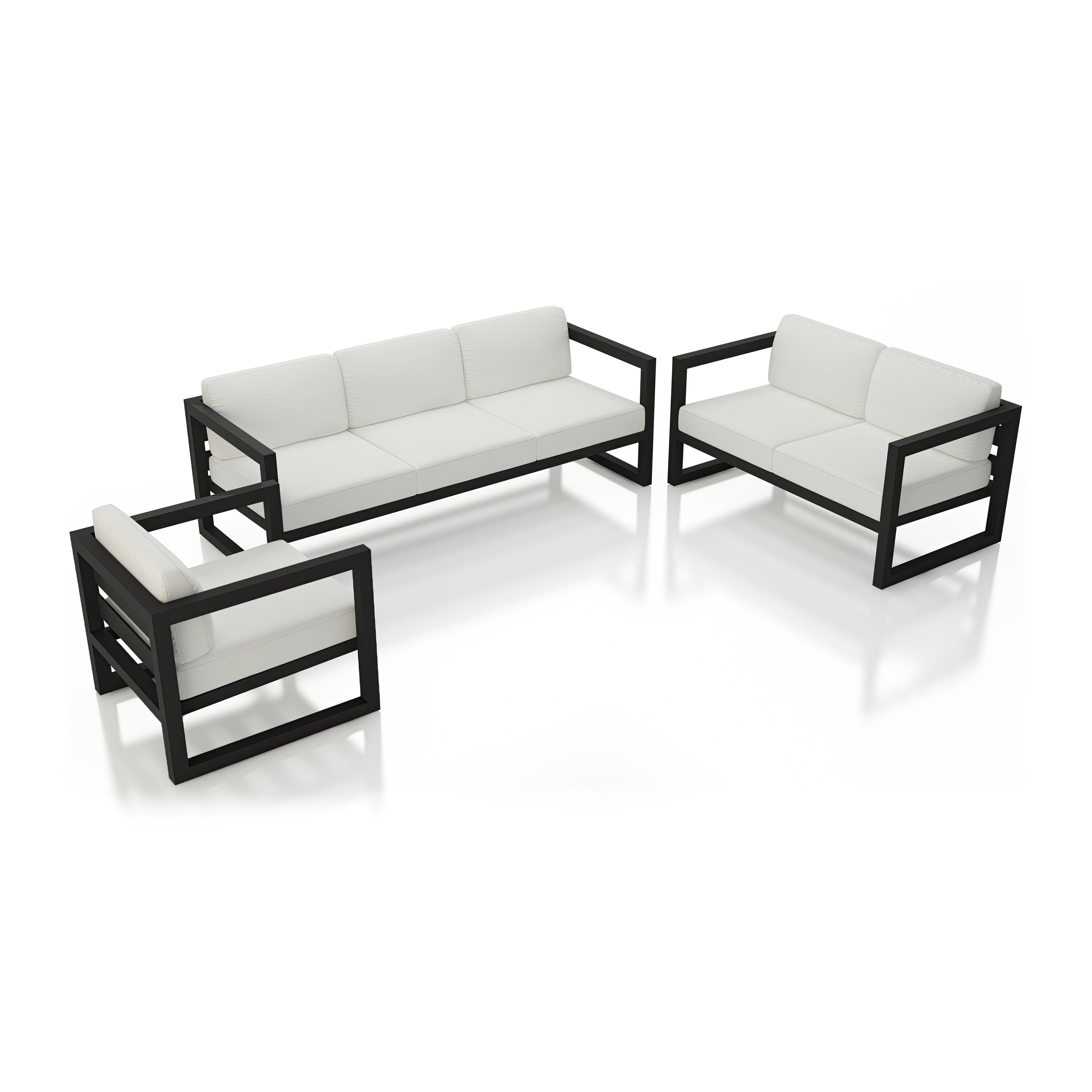 Avion 3 Piece Aluminum Sofa Loveseat Set#Finish_Black#Fabric_Canvas Natural