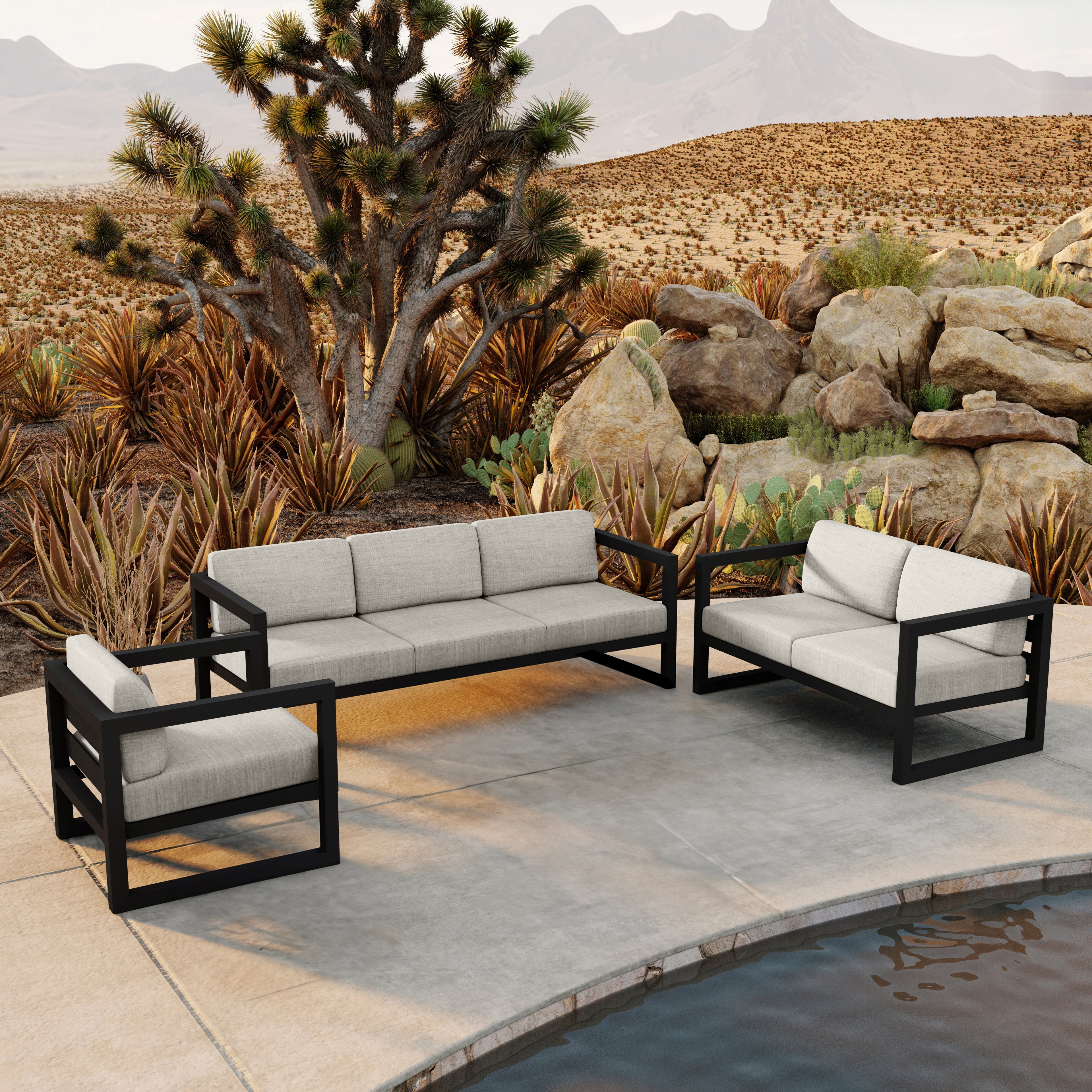 Avion 3 Piece Aluminum Sofa Loveseat Set#Finish_Black#Fabric_Cast Silver