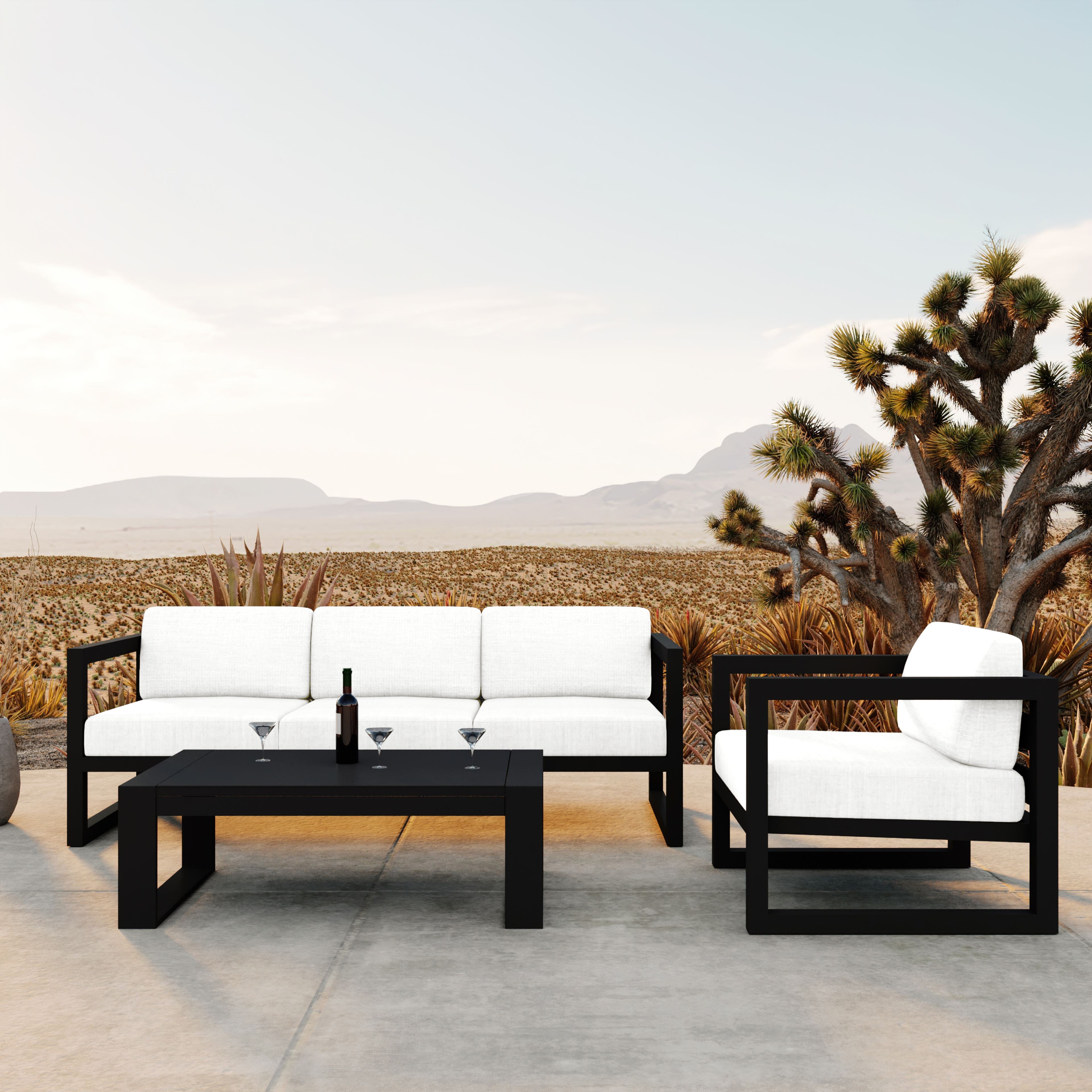 Avion 3 Piece Aluminum Sofa Set#Finish_Black#Fabric_Canvas Natural