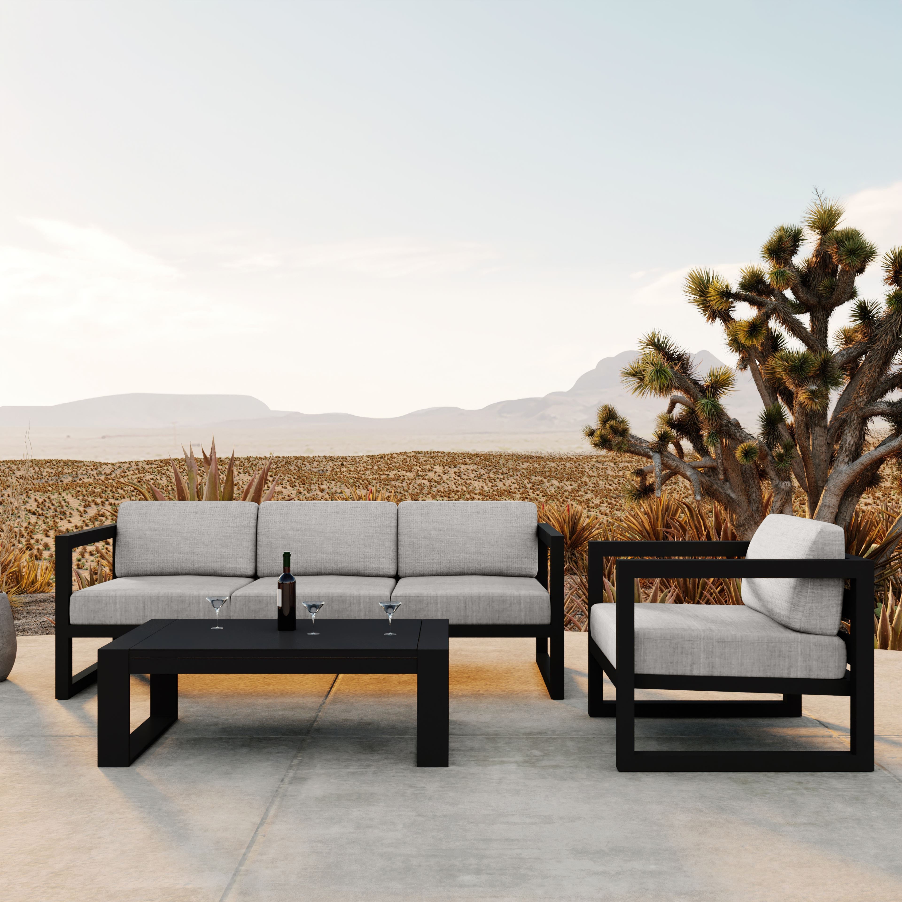 Avion 3 Piece Aluminum Sofa Set#Finish_Black#Fabric_Cast Silver