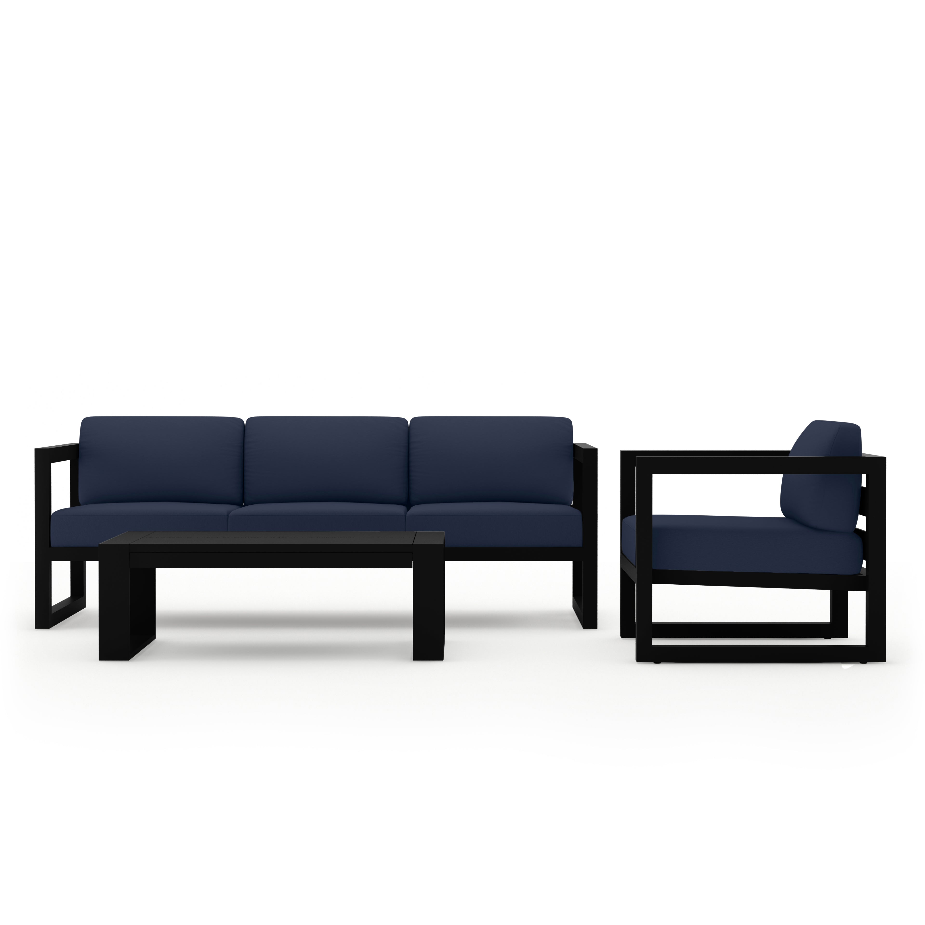 Avion 3 Piece Aluminum Sofa Set#Finish_Black#Fabric_Spectrum Indigo