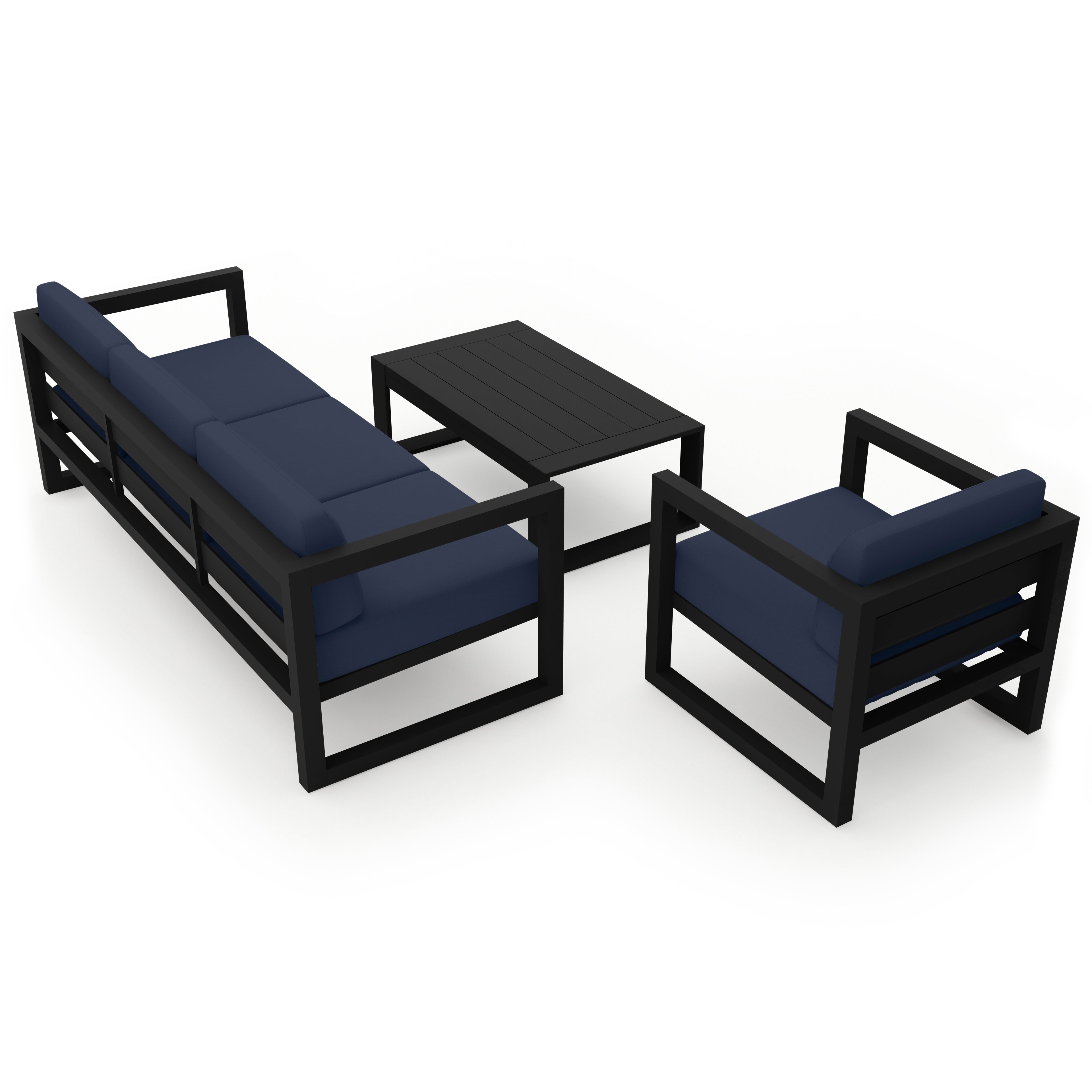 Avion 3 Piece Aluminum Sofa Set#Finish_Black#Fabric_Spectrum Indigo