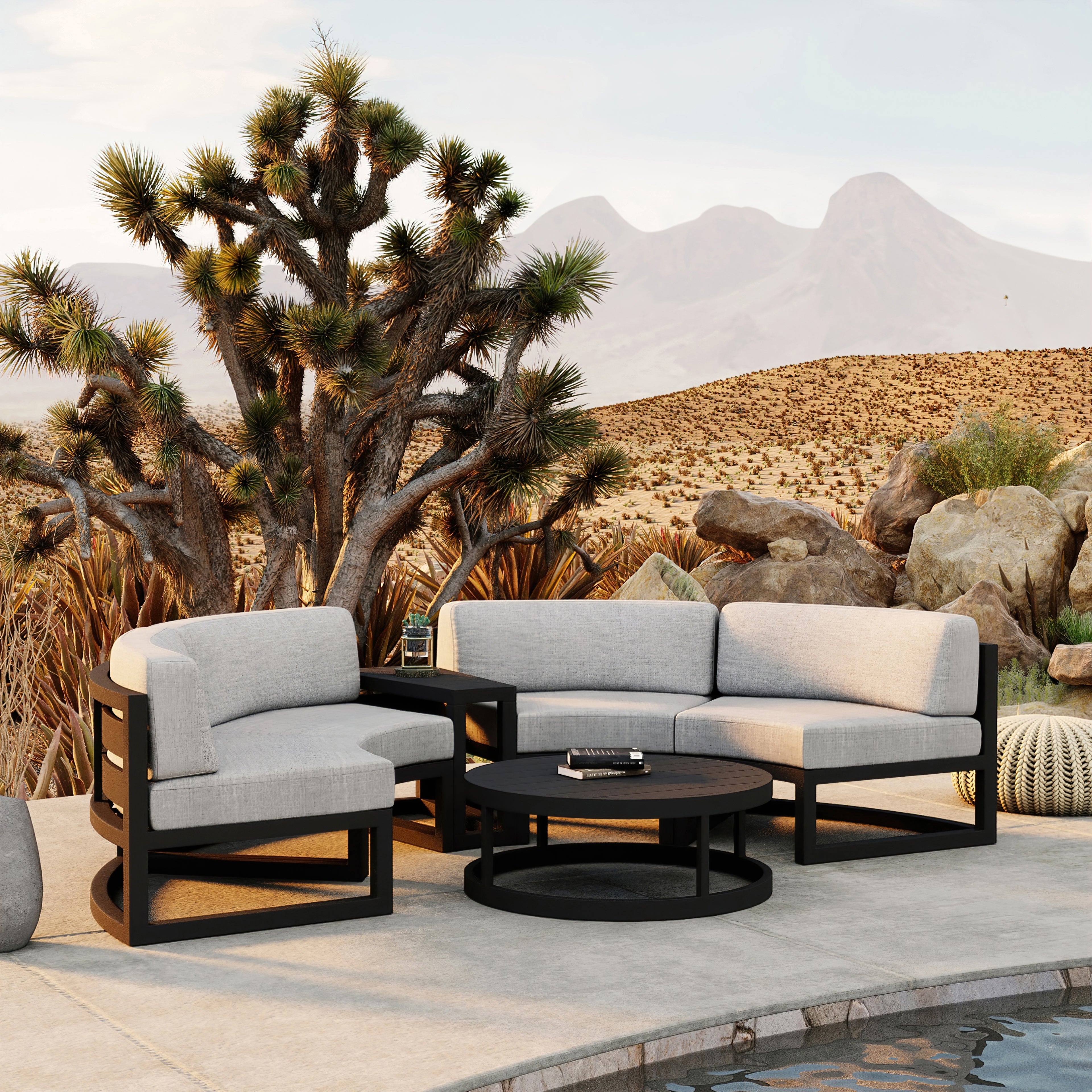 Avion 4 Piece Aluminum Curve Sectional Set#Finish_Black#Fabric_Cast Silver