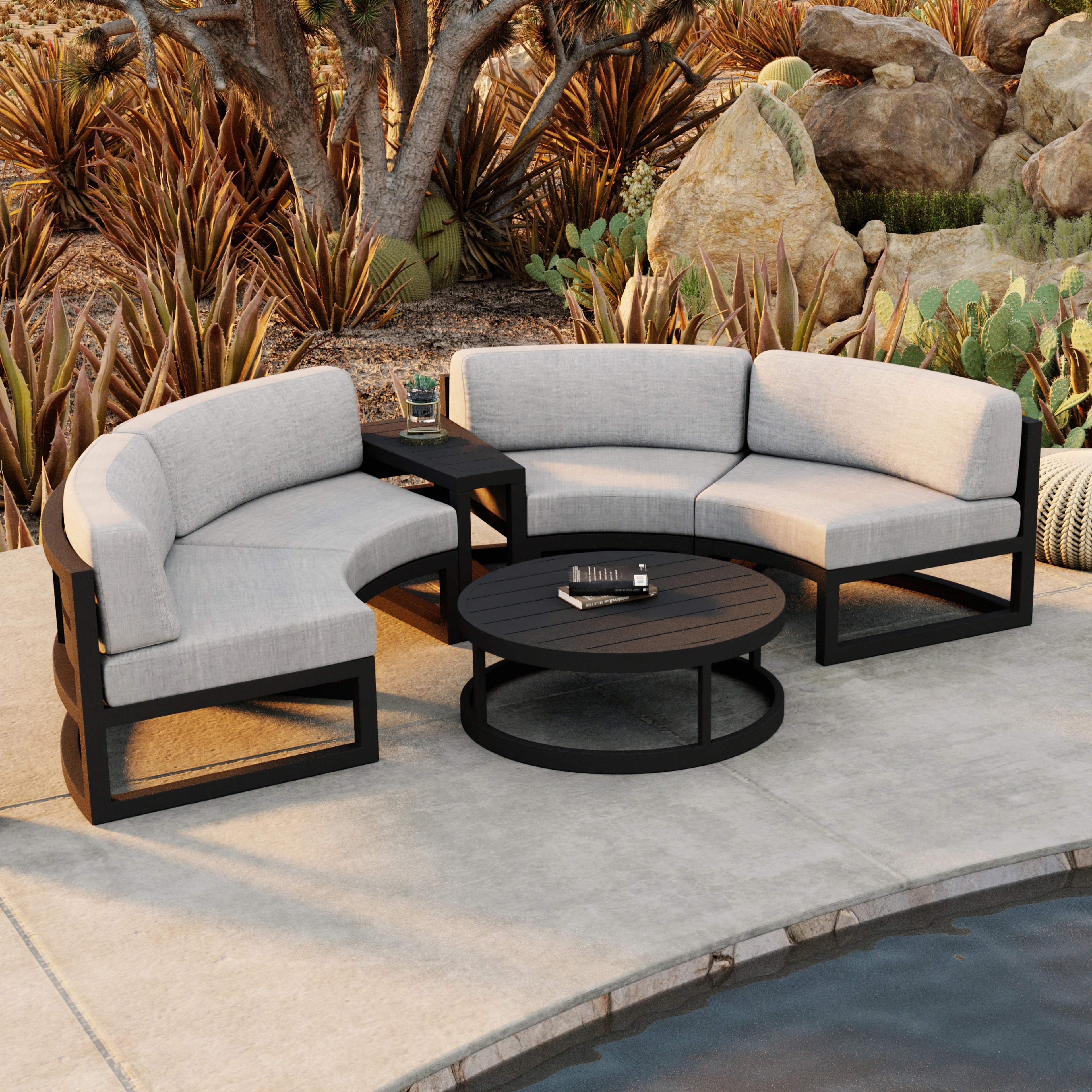 Avion 4 Piece Aluminum Curve Sectional Set#Finish_Black#Fabric_Cast Silver