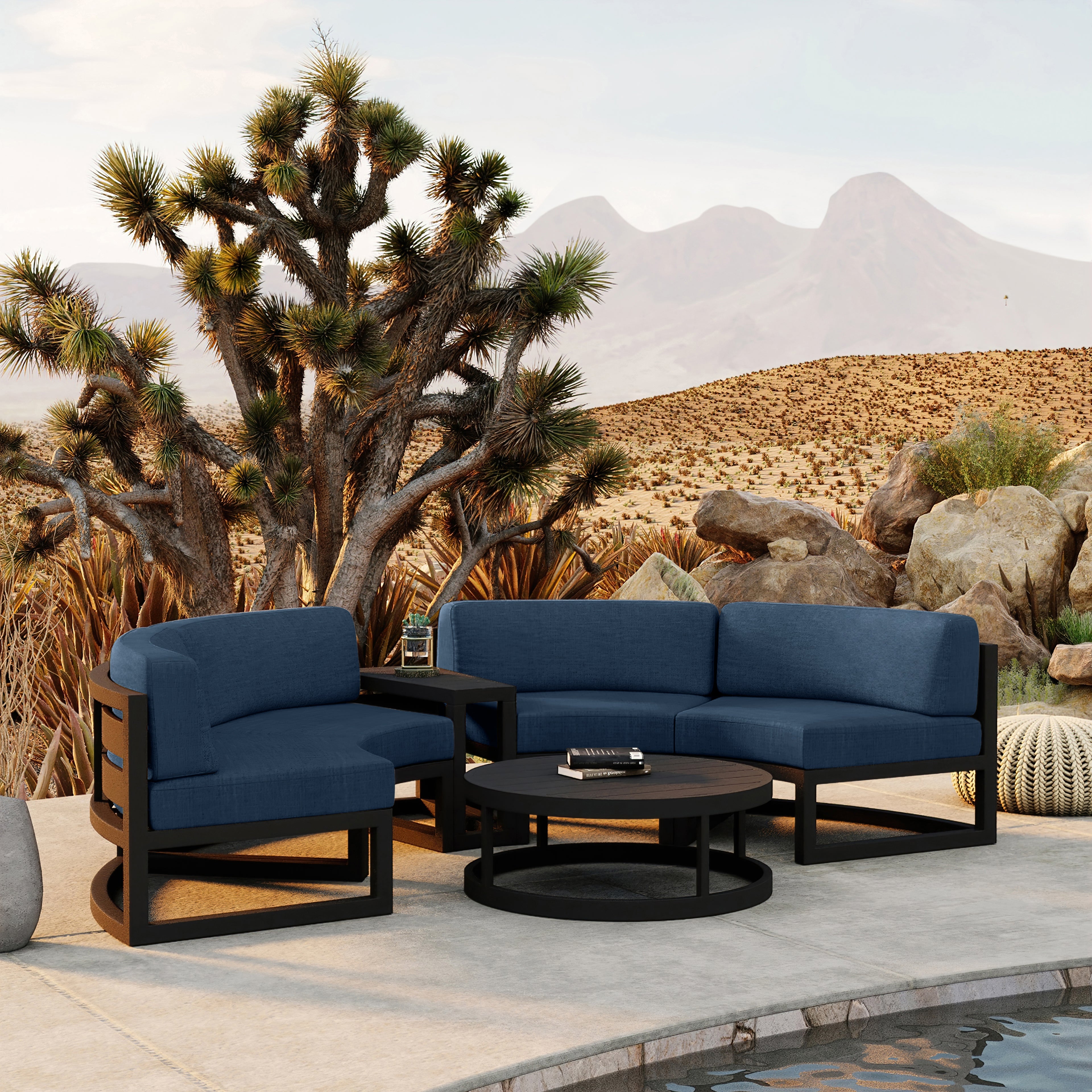 Avion 4 Piece Aluminum Curve Sectional Set#Finish_Black#Fabric_Spectrum Indigo