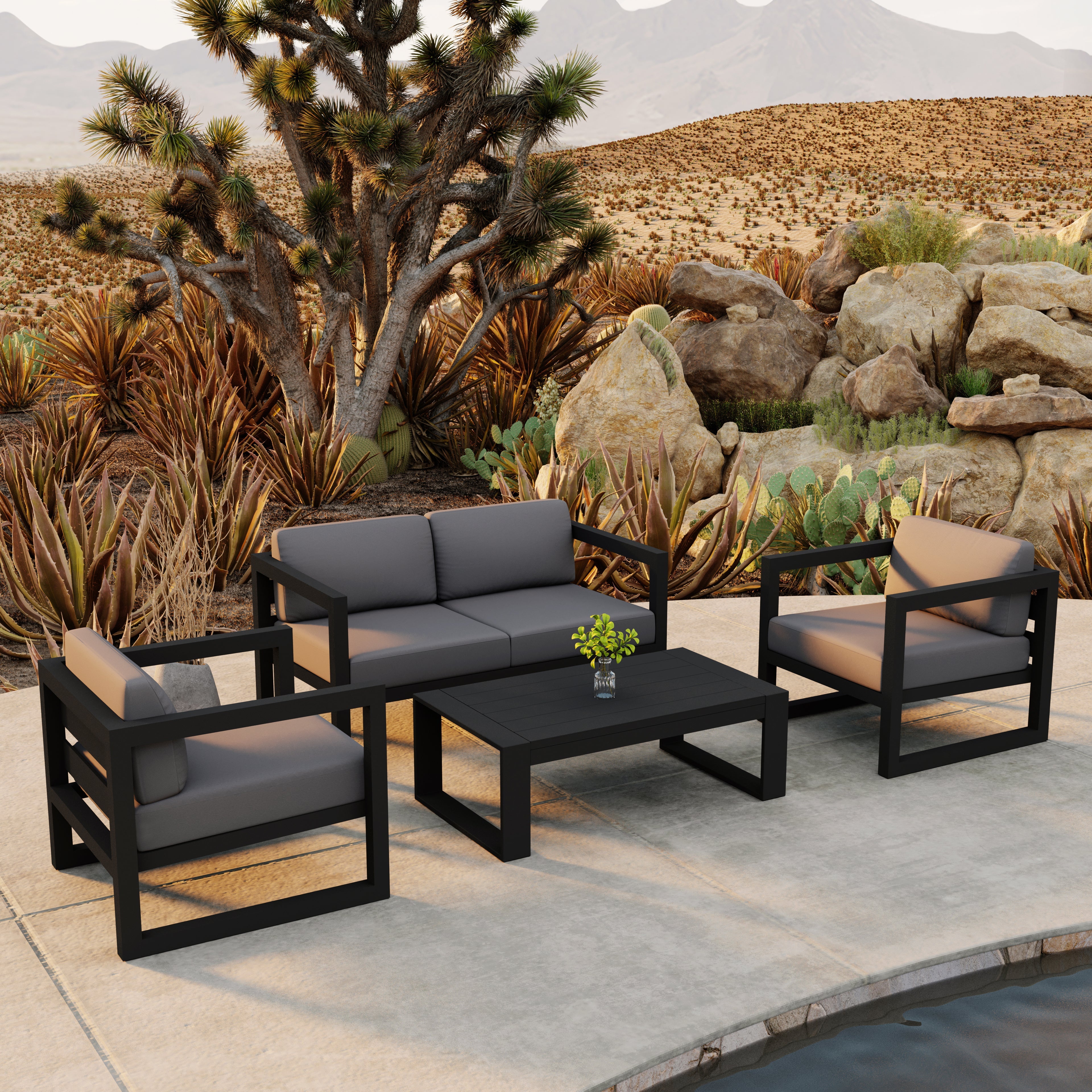 Avion 4 Piece Aluminum Loveseat Set#Finish_Black#Fabric_Canvas Charcoal