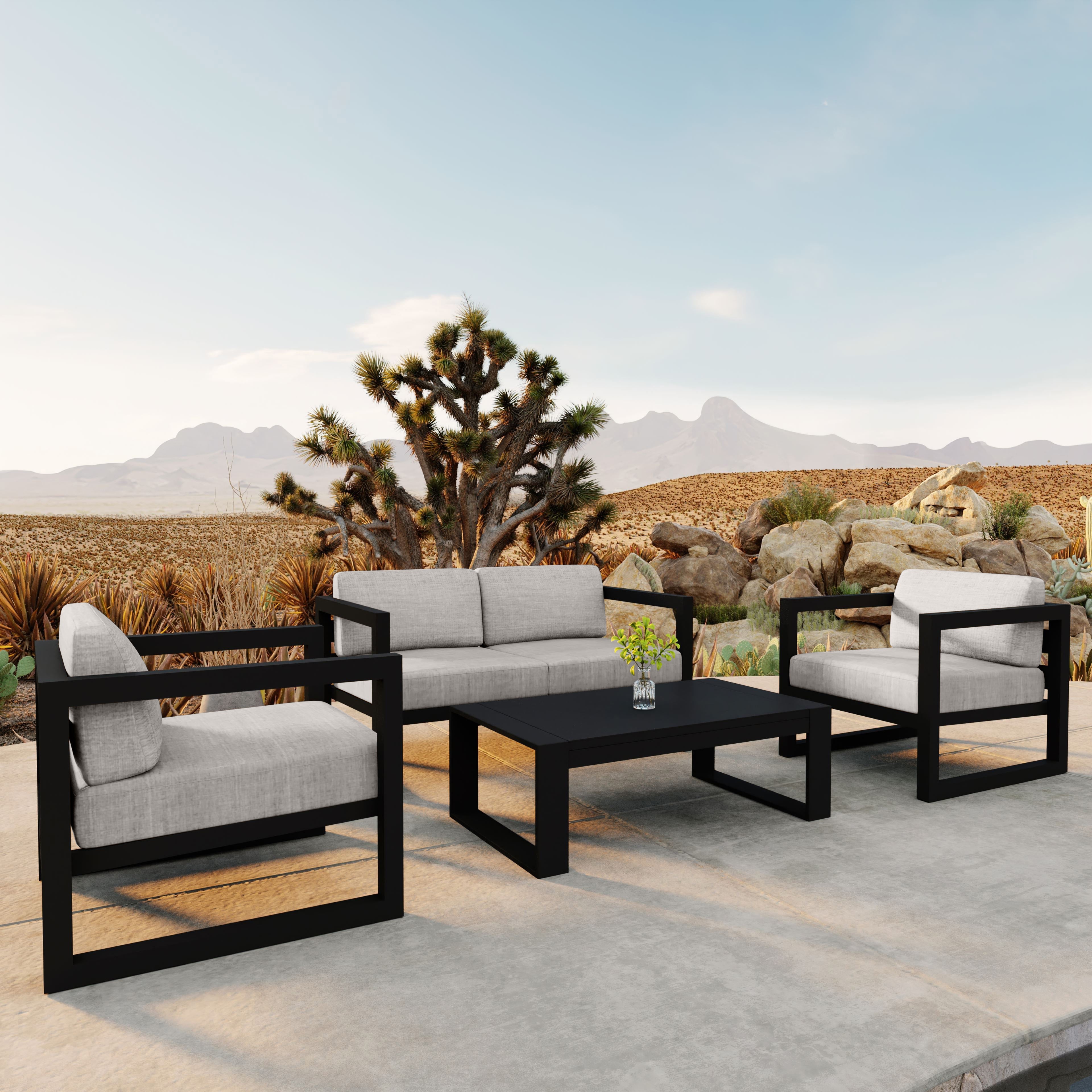 Avion 4 Piece Aluminum Loveseat Set#Finish_Black#Fabric_Cast Silver