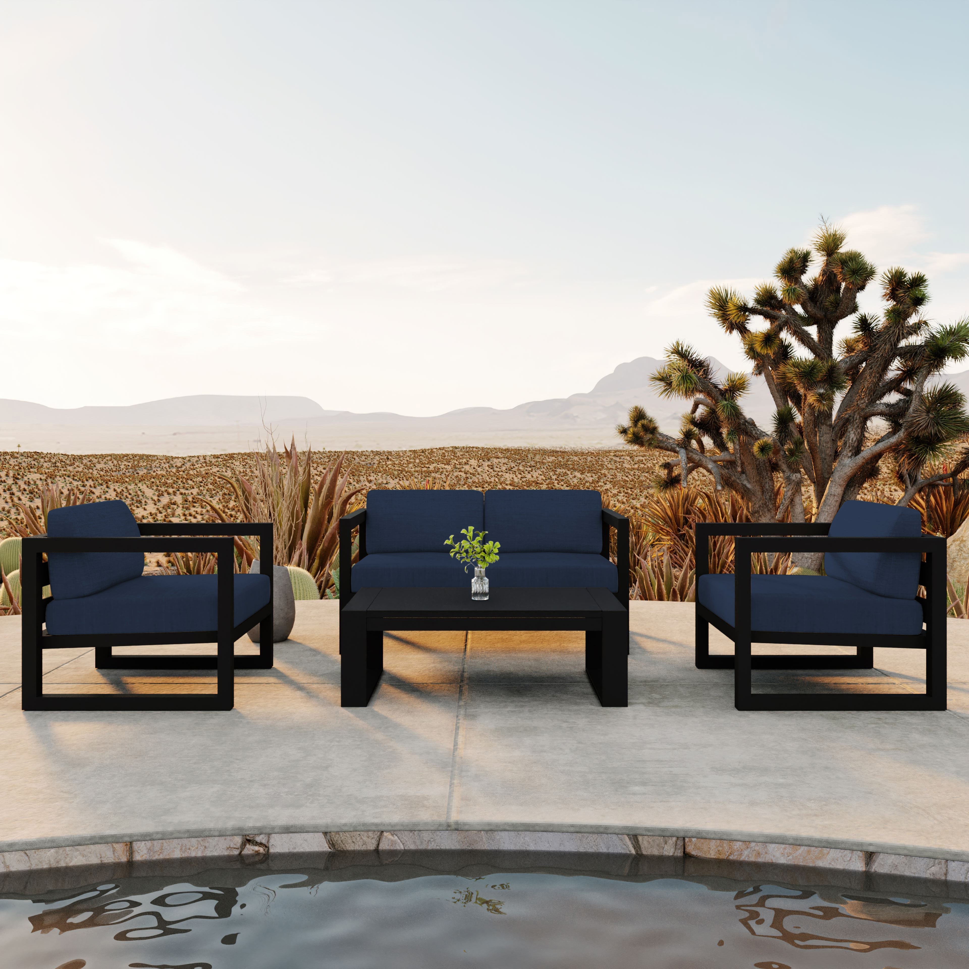 Avion 4 Piece Aluminum Loveseat Set#Finish_Black#Fabric_Spectrum Indigo