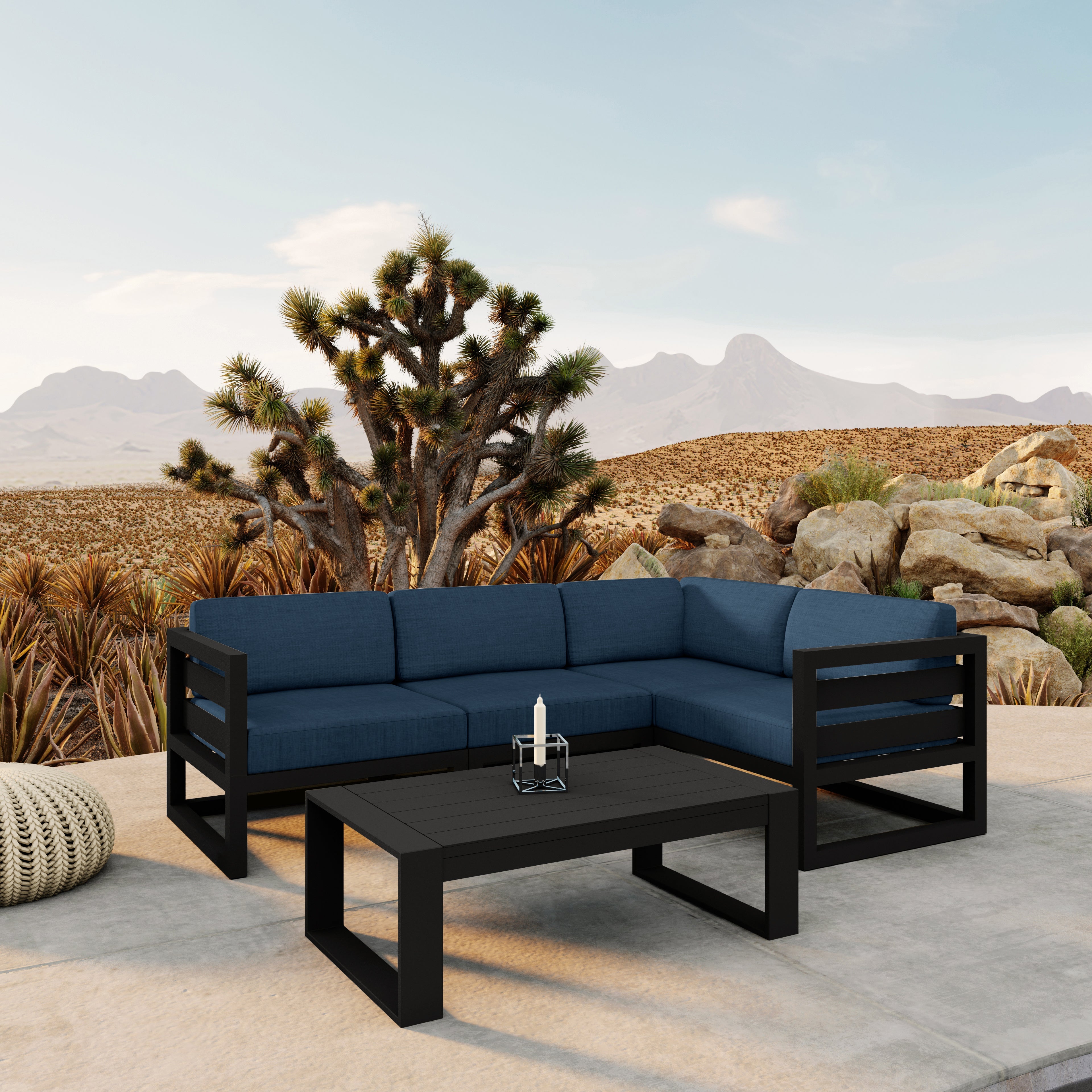 Avion 5 Piece Aluminum Sectional Set#Finish_Black#Fabric_Spectrum Indigo