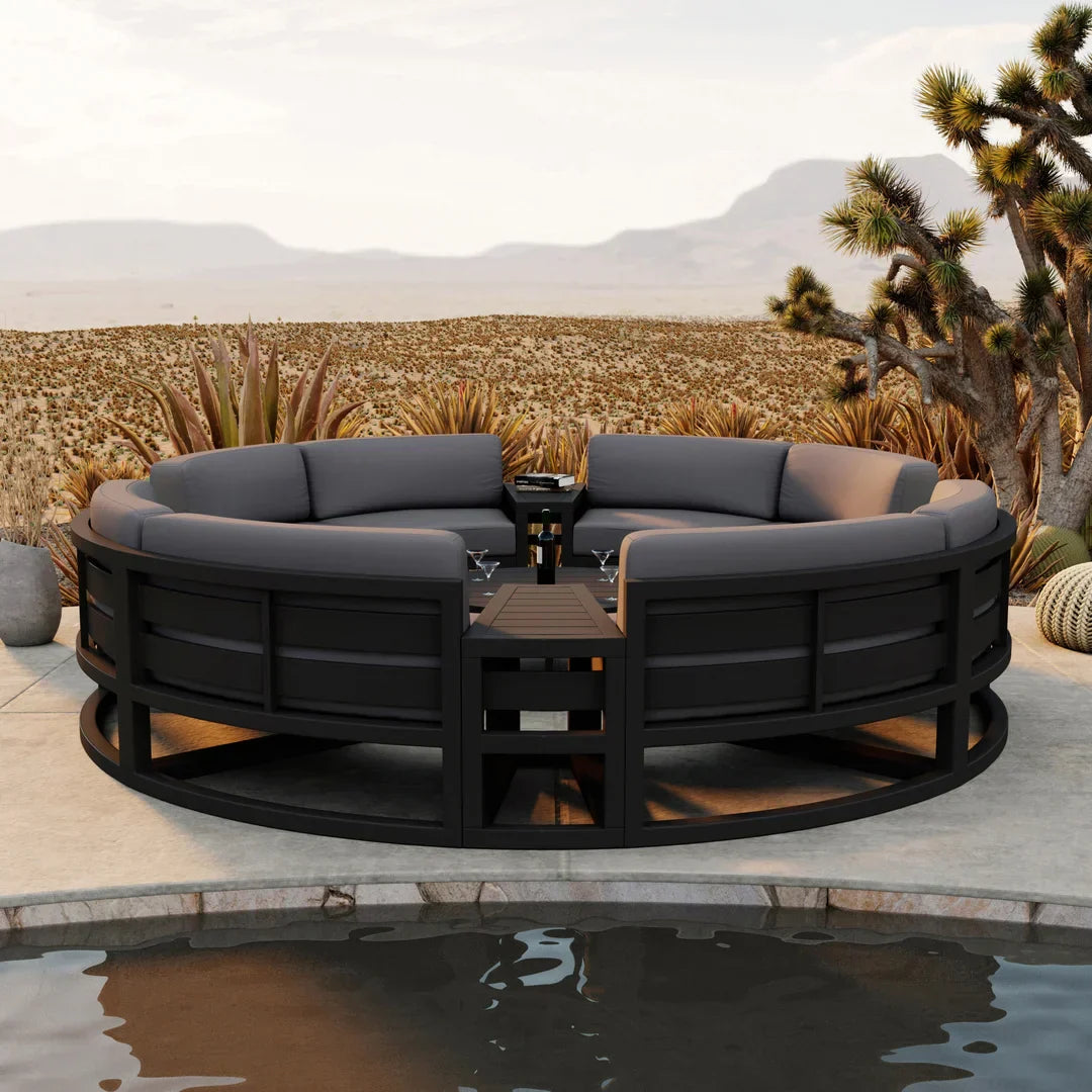 Avion 7 Piece Aluminum Curve Sectional Set#Finish_Black#Fabric_Canvas Charcoal