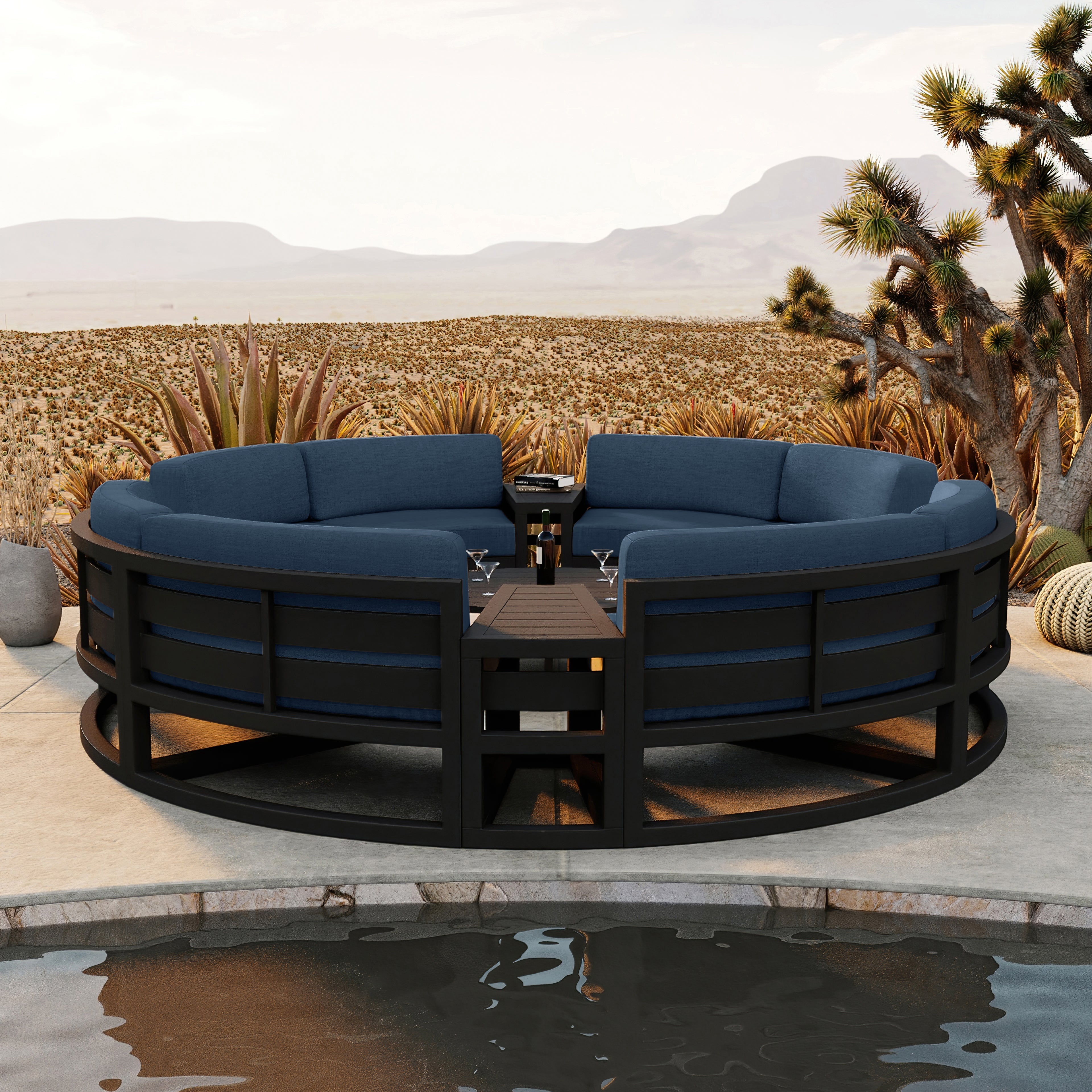 Avion 7 Piece Aluminum Curve Sectional Set#Finish_Black#Fabric_Spectrum Indigo